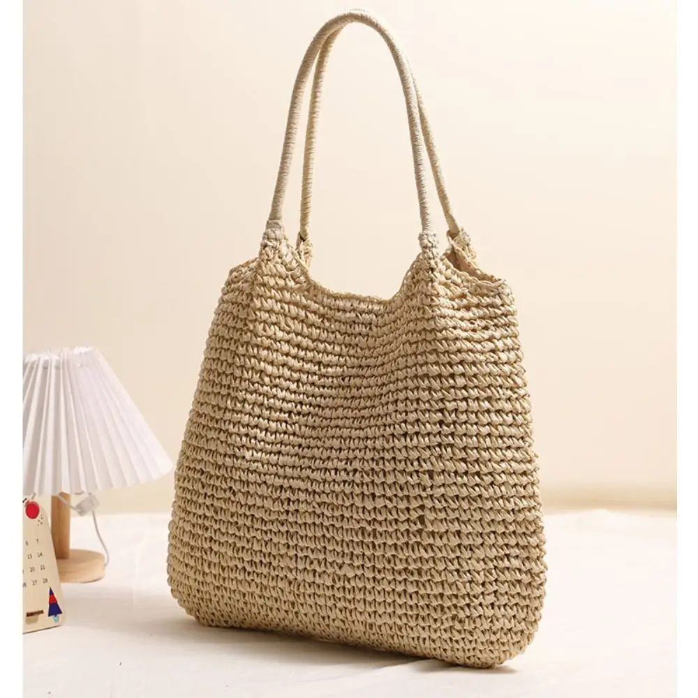 أزياء القش حمل حقيبة المنسوجة سعة كبيرة حقيبة الشاطئ بلون مربع حقيبة كتف عادية