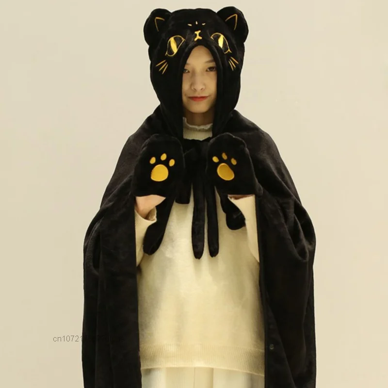 Medieval Egyptian Style Cool Black Cartoon Cat Halloween Plush Cloak for Women Y2k Blanket Shawl with Gloves Hooded Home Ponchos