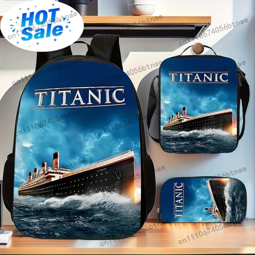Titanic 3pcs Cartoon Pattern Backpack Set for Students, Lightweight & Foldable with Adjustable Straps, Includes Large Capacity C