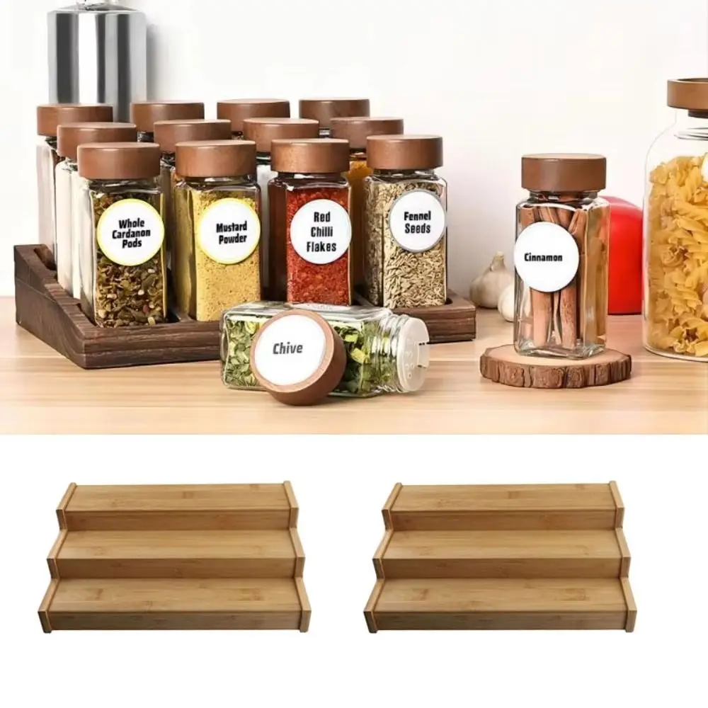 

Solid Wooden 3-Tier Spice Rack Space-Saving Multi-Tier Spice Jar Storage Set Durable Spice Display Kitchen Spice Organizer
