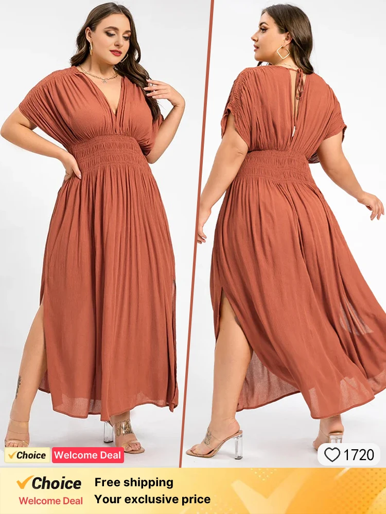 2025 new plus size women's dress, summer orange chiffon pleated evening dress, fashionable V-neck short sleeved women's dress