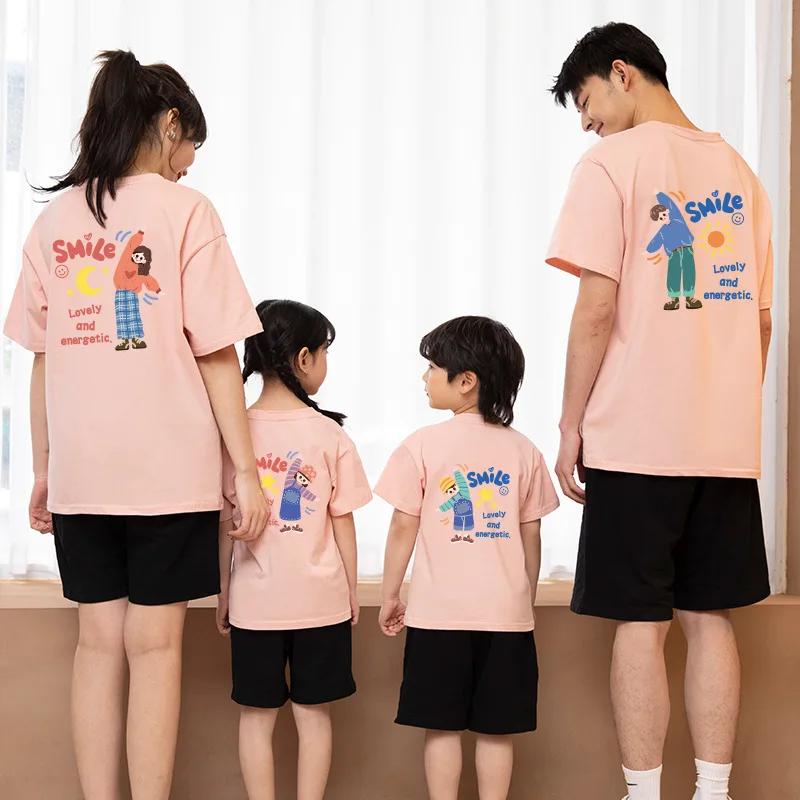 New Korean Family Matching Outfits Cotton T-shirt Mother Daughter Kids Baby Cartoon Tops Parent-child Outfits Summer Casual Tees