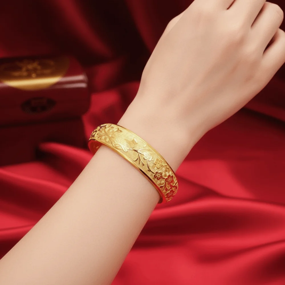 Engraved Plum Blossom Bracelet Adjustable Matte Gold Magpie Cuff Bangle Lightweight Smooth Edges Auspicious Open Bangle