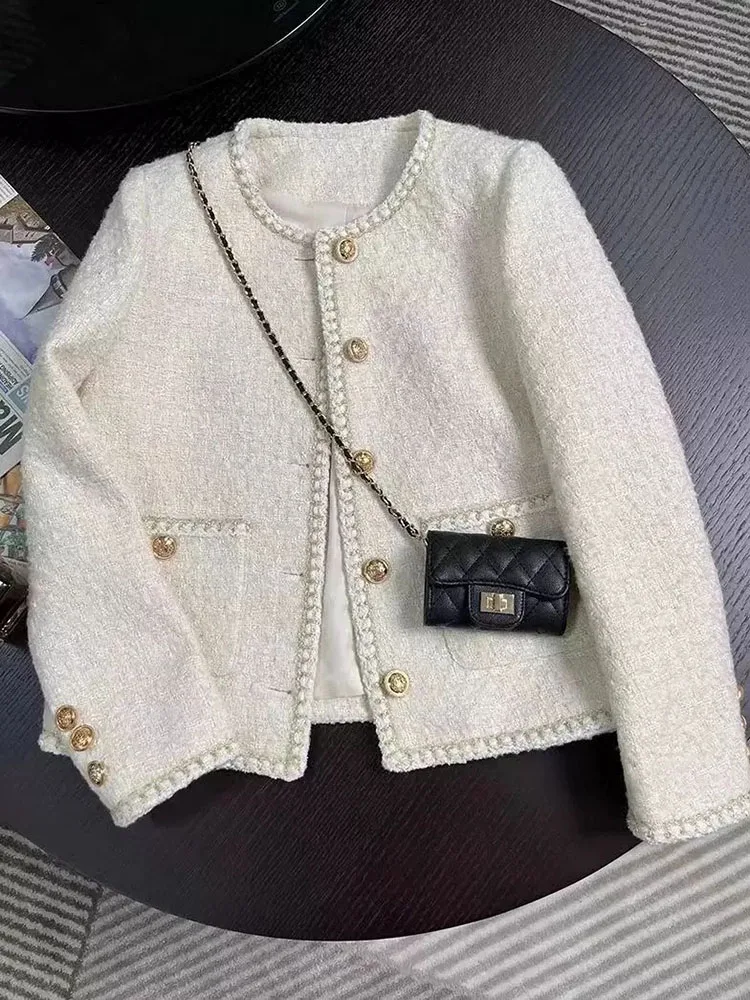 Chic White Tweed Jackets Women Korean Long Sleeve Sweet Coat Women Fashion O Neck Elegant Casual Female All Match Outwear Tops