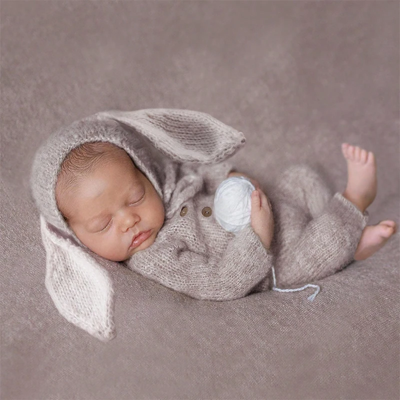 Vintage Knitted Newborn Rabbit Diaper Romper Hat Overall Bunny Style Outfit Soft Stretch Clothes Set Newborn Photograph Prop-HD