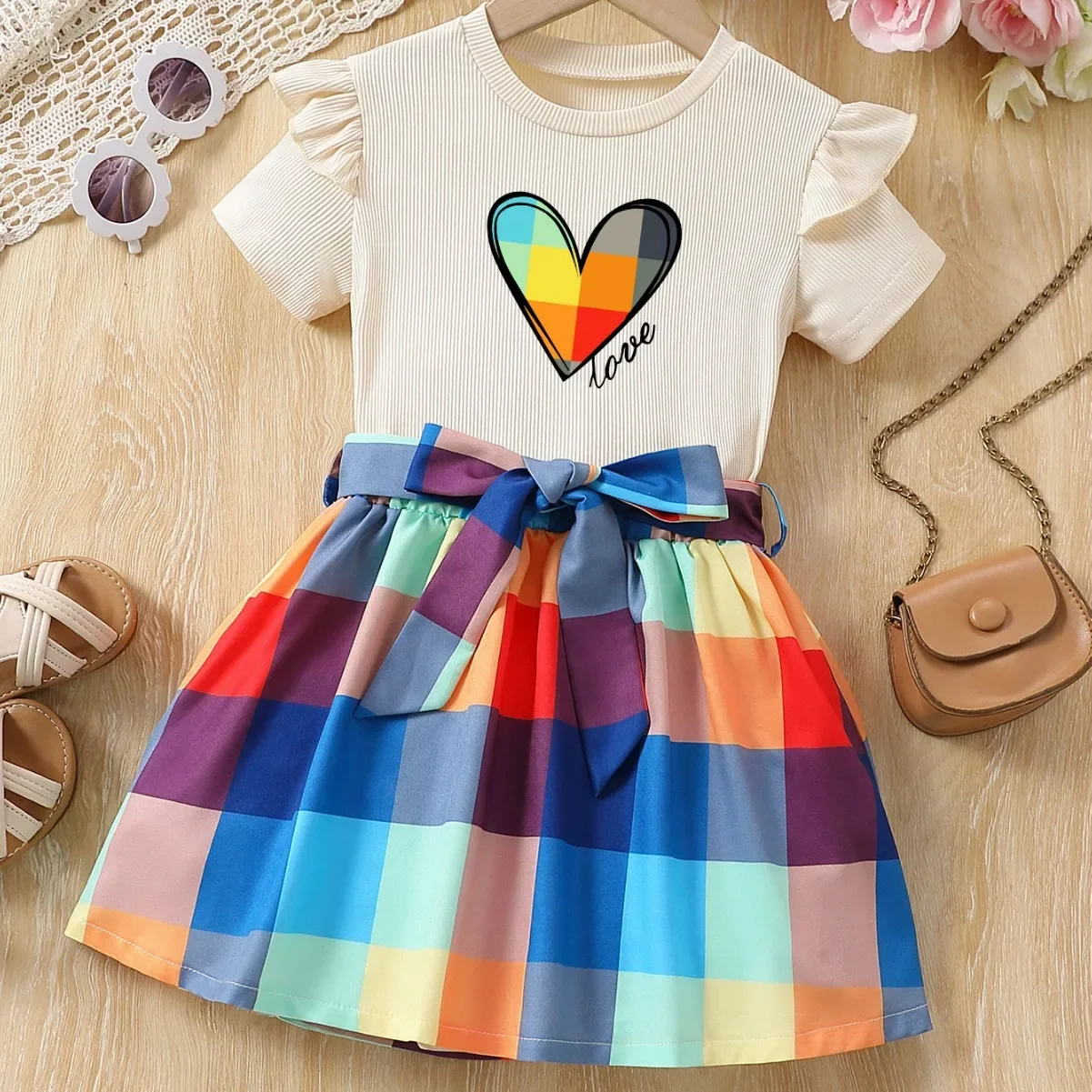 2024 Summer Kids Clothes Sets Girls Casual Cute Heart Print Short Sleeve T-shirt Top + Plaid Skirt Children's Two-piece Clothing