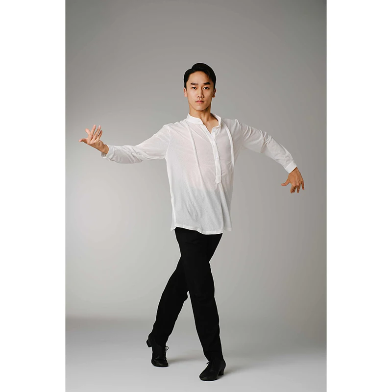 2025 남성용 새로운 라틴 댄스 대회 의류 흰색 긴팔 셔츠 차차 룸바 탱고 성인 라틴 댄스웨어 DQS20660