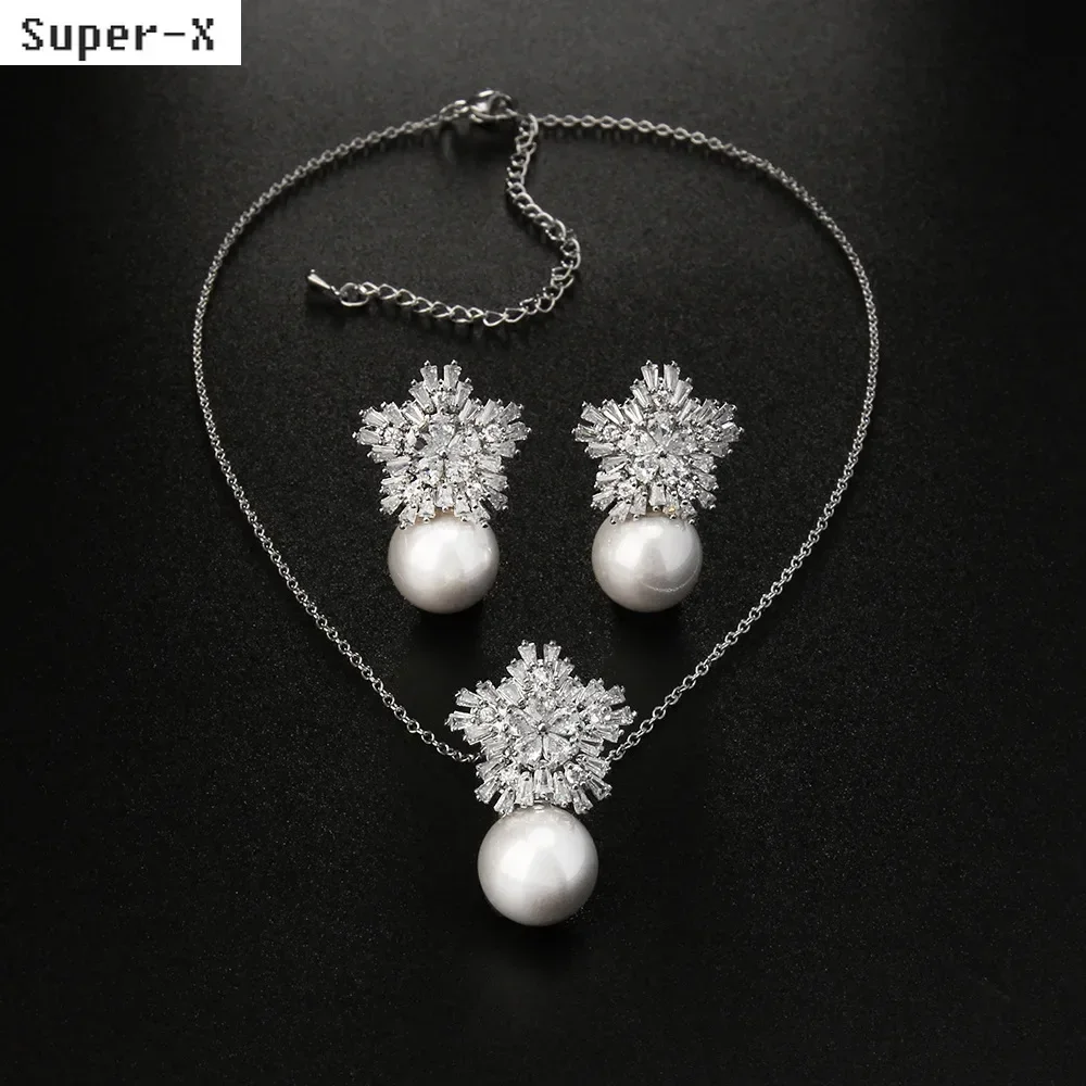 

White Snowflake Jewelry Sets Necklace Earrings for Women Wedding Bride Jewelry Dinner Party Zircon Pearl Stud Earrings Gift