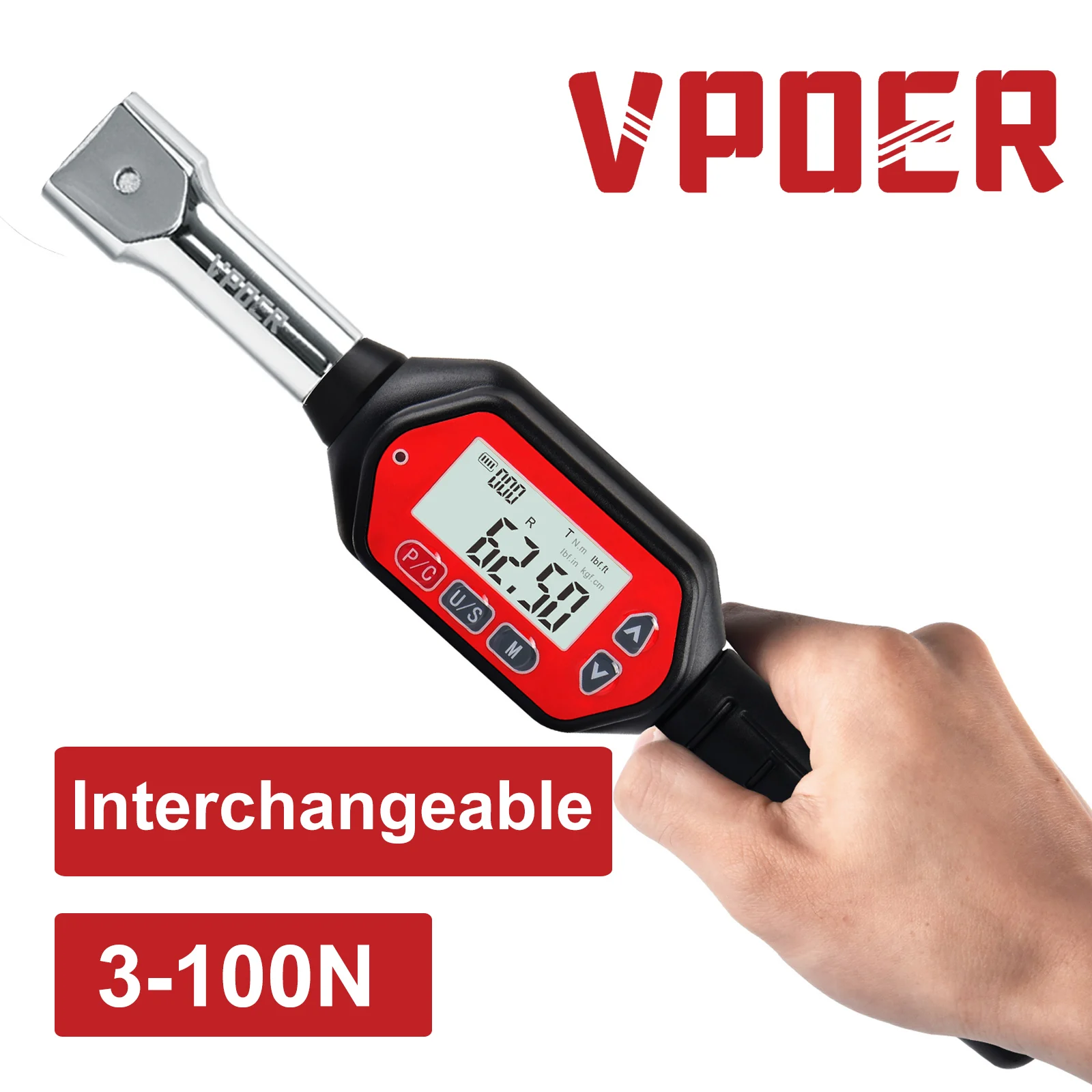 VTWN-100 3-100Nm Interchangeable Head Digital Torque Wrench Ended Head Torque Wrench with Buzzer & LED, Calibrated