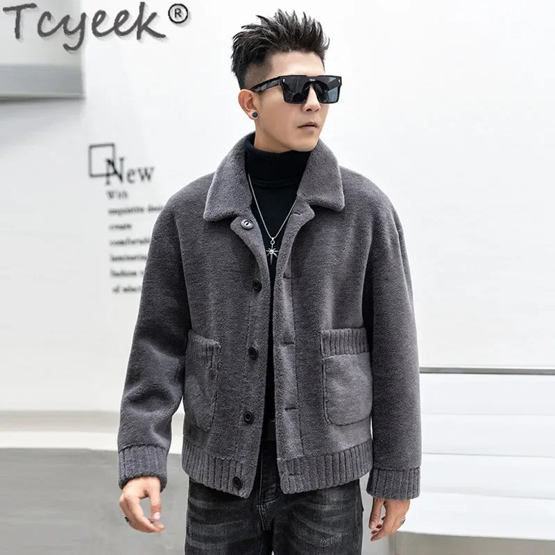 Tcyeek Winter Sheep Shearling Coat Men's Clothing Short Slim Fit Real Fur Coat Fashion Lamb Wool Coats Male Two Ways Wear Casual