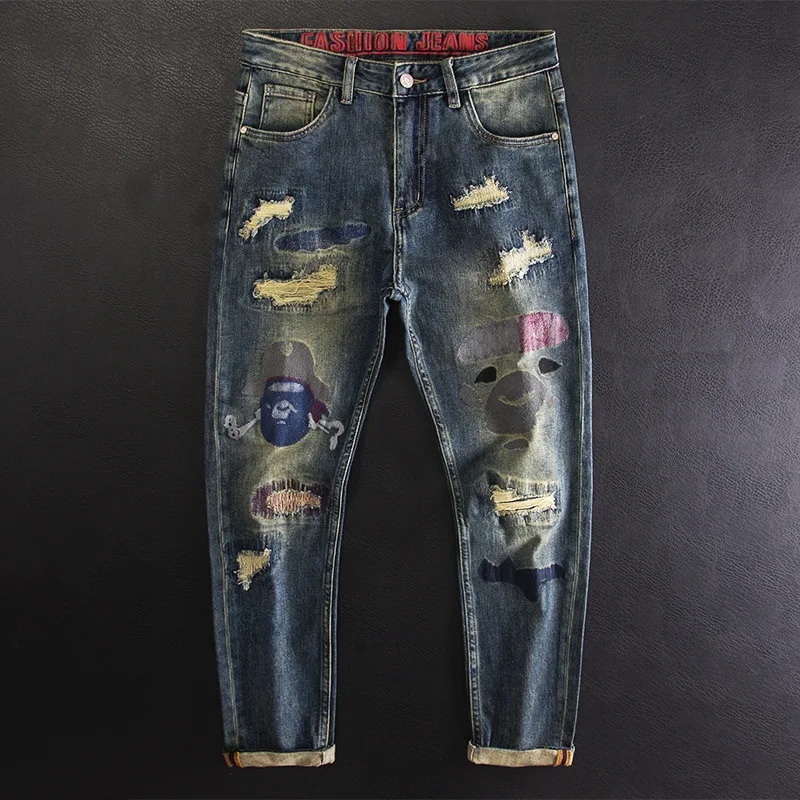 

American Retro Heavy Embroidery Ripped Jeans for Men Slim Fit Stretch Nostalgic Fashion Personality Trendy Long Pants