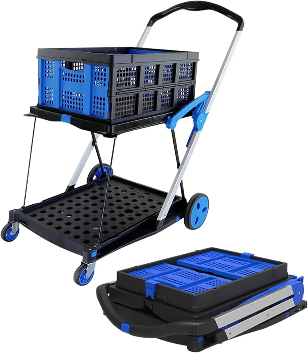 2 Tier Foldable Shopping Trolley Cart with Folding Crate, Black/Blue