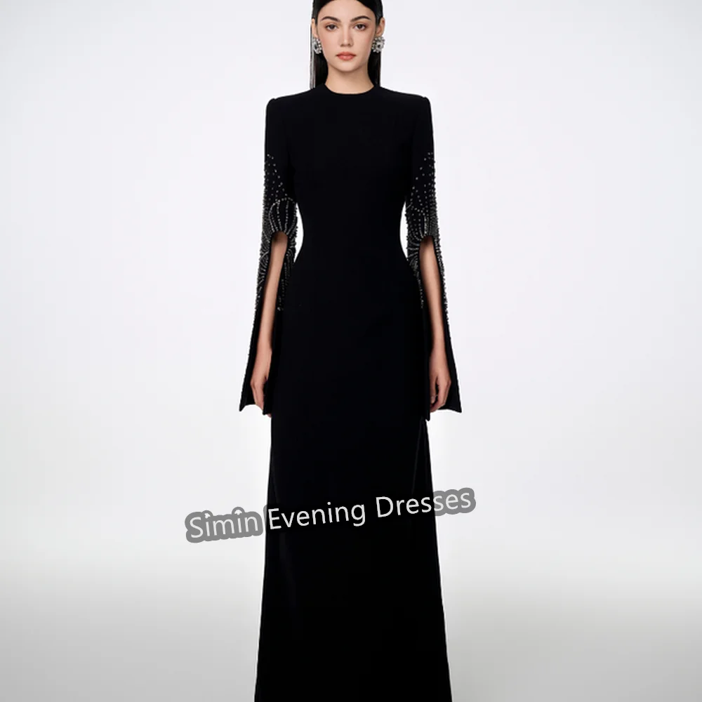 Simin Crepe Straight O-neck Beading Prom Gown Simple Floor Length Long Sleeves Arab Evening Elegant Party dresses for women 2024