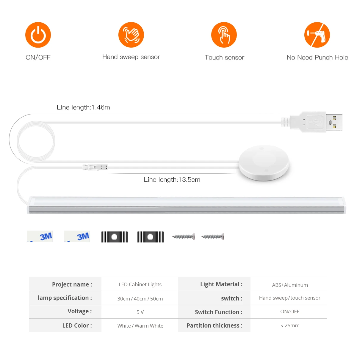 5V USB Powered LED Cabinet Light with Touch Sensor Dimmable Switch Penetration Wood Mirror Hand Sweep Motion Induction Light Bar