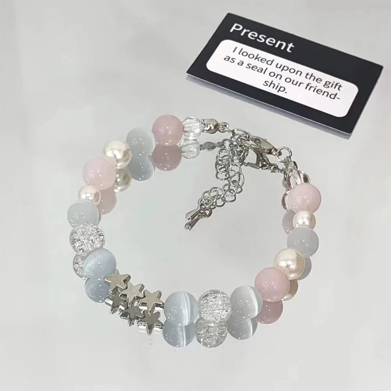 Harajuku Pentagram Pearl Beaded Bracelets For Women Aesthetic Cute Star Blue Glass Ball Bracelets Y2k Jewelry Gifts