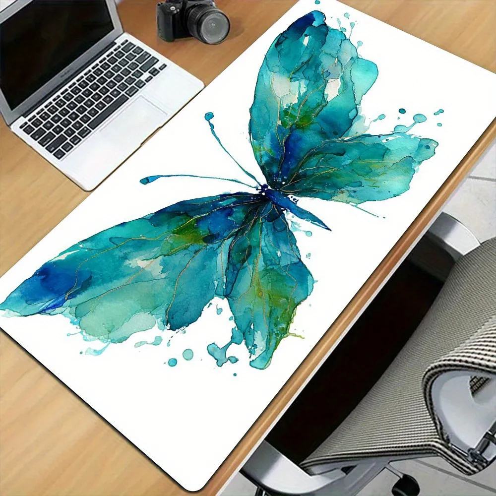 

Teal Watercolor Butterfly Large Desk Mat, Turquoise Splash Art Design, Elegant Nature Keyboard Pad for Home Office Decor
