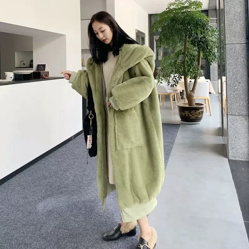 Autumn Winter New Faux Rex Rabbit Hair Coat Women Korean Thick Hooded Zipper Long Plush Fur Jacket Female Loose Overcoat H2664