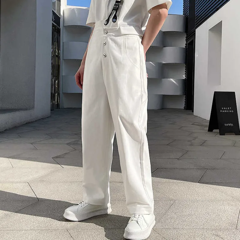 FEWQ 2023 New Japan Korean Style White Overalls Personality Elastic Strap Trend Loose Casual Pants Asymmetrical Design Trousers