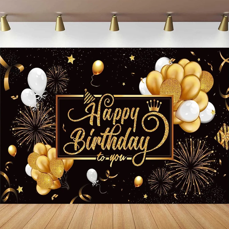 

Photography Backdrop Gold Black Balloon Banner For Kids Men Women Anniversary Happy Birthday Party Supplies Decor Poster