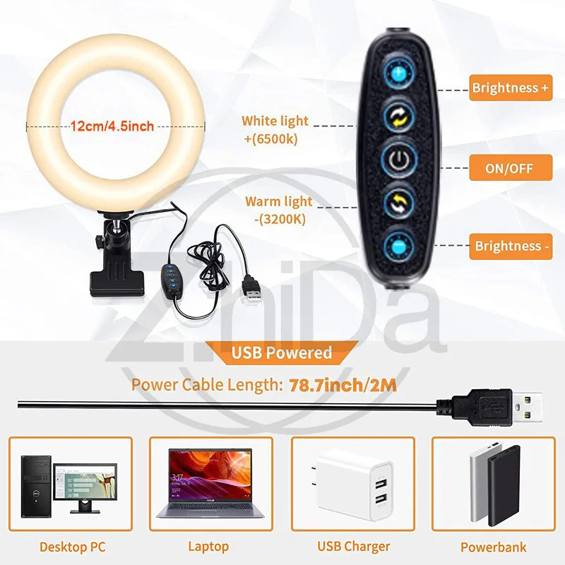 4 Inch Ring Light USB Video Conference Selfie Fill Light 5 Color Temperature Live Streaming Lamp
