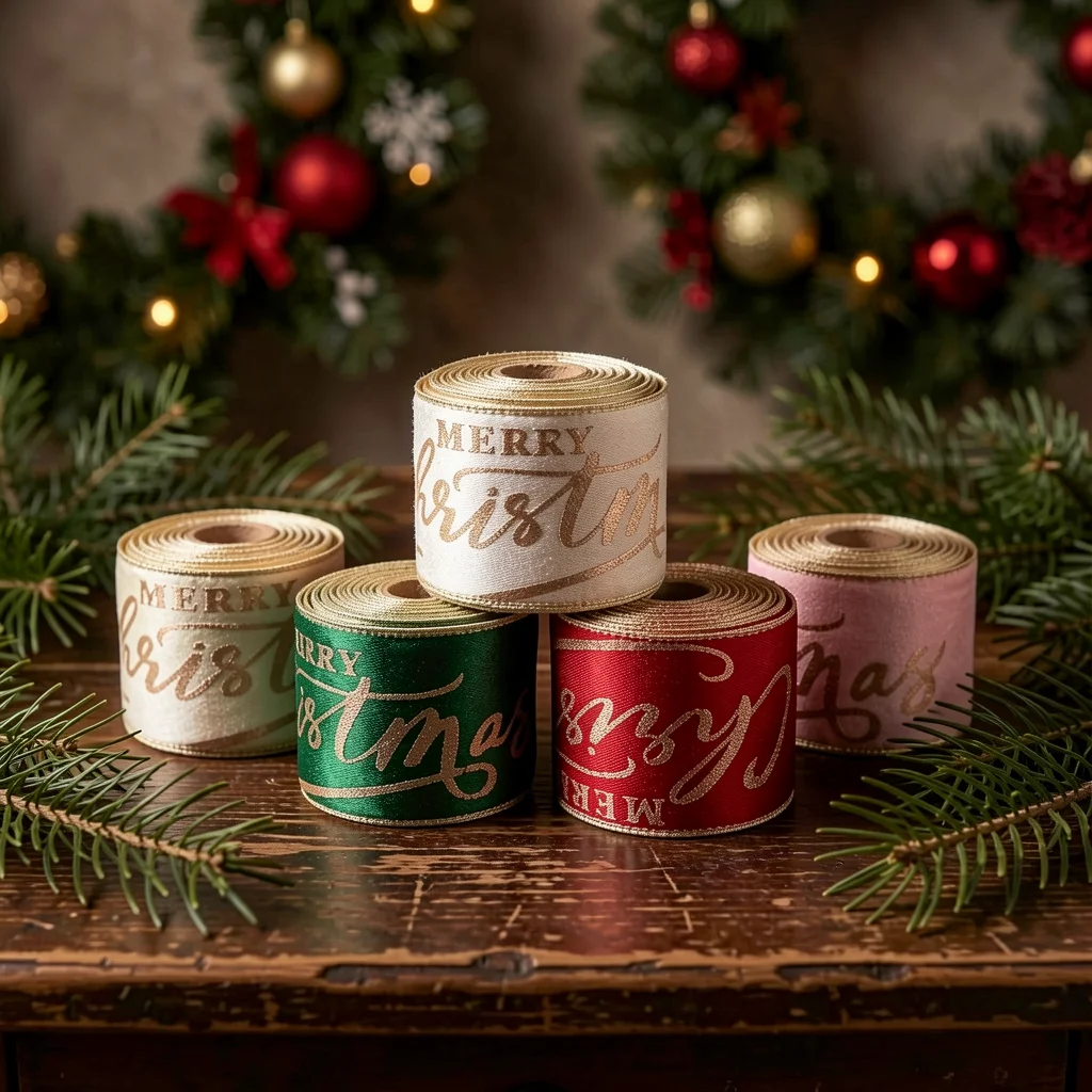 Flocked Velvet Ribbon Flocked Merry Christmas Ribbon Wired Edge Ribbon Decorative For Holiday Gift Wrapping Christmas Theme