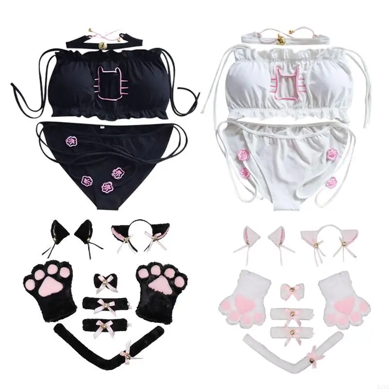 

7Pcs Anime for Cat Cosplay Costumes Accessories Womens Sexy Open Chest Lingerie Japanese Nightie Sleep