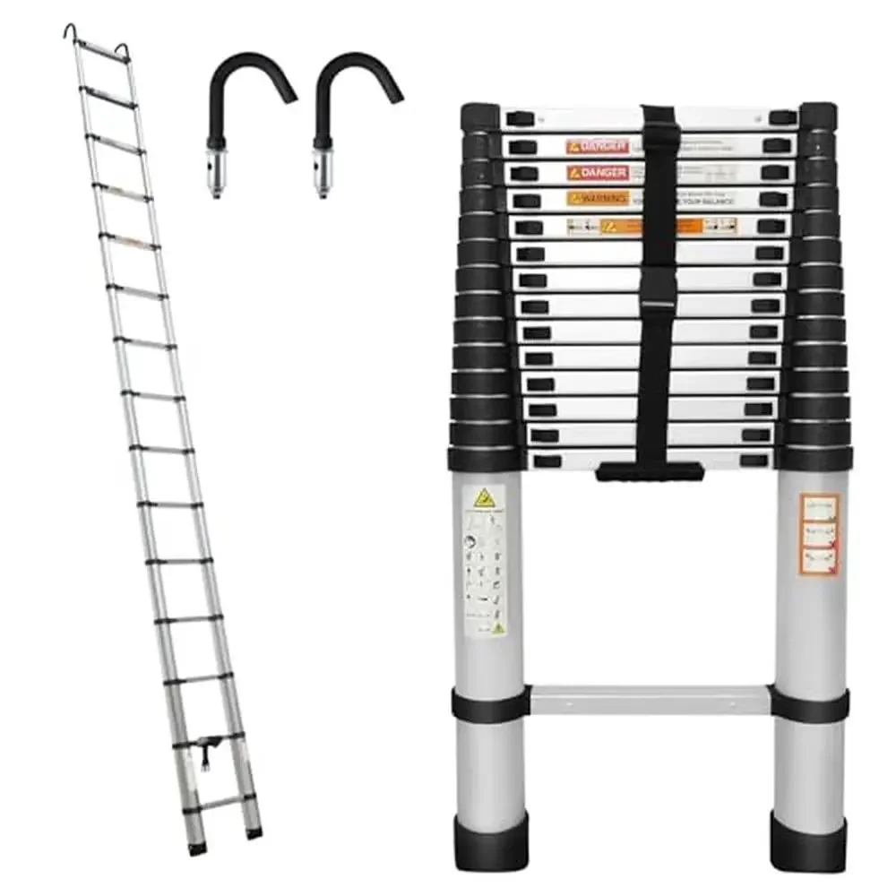 14.4FT Aluminum Telescoping Ladder Retractable Multi Purpose Non-Slip Hooks Carry Handle Easy Storage Lightweight Indoor Outdoor