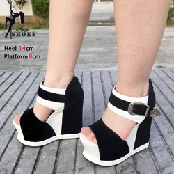 Model Fashion Show Summer Sandals 8CM Platform 14CM Super High Heels Thick Bottom Women Wedges Shallow Party Shoes Plus Size 43