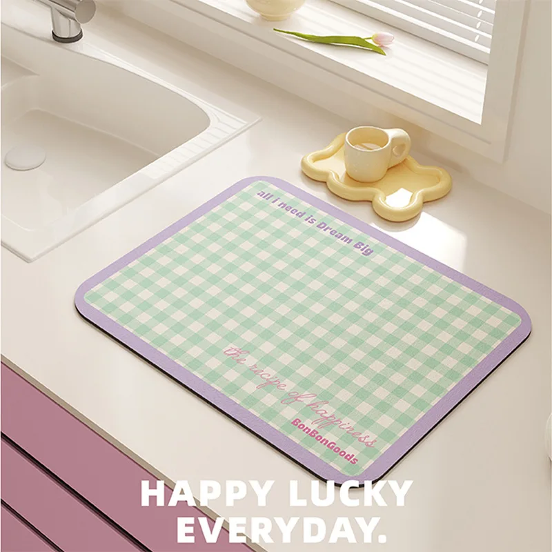 VIKAMA Pastel Green Check Text Print Dish Drying Mat Non Slip Waterproof Quick Absorbent Kitchen Coffee Counter Pad