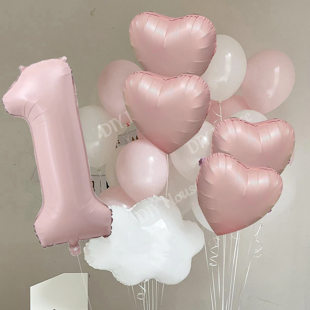 1set Pink White Series Balloons with Foil Number/Heart Balloon Girl\'s Happy Birthday Decorations Anniversary Baby Shower Supply