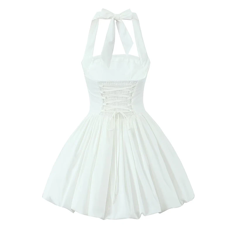 YENKYE Abito da ballo sexy con scollo all'americana e orlo pieghettato senza schienale Abito da donna con lacci sul retro Bianco Nero Elegante mini abiti da festa Abito estivo