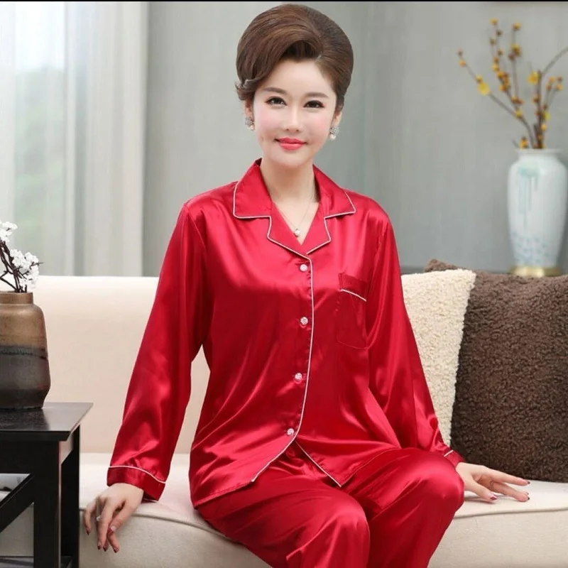 2PCS/Set Middle-Aged and Elderly Ice Silk Pajamas Female Spring and Autumn Long-Sleeved Silk Homewear Mum Women Soft Loungewear