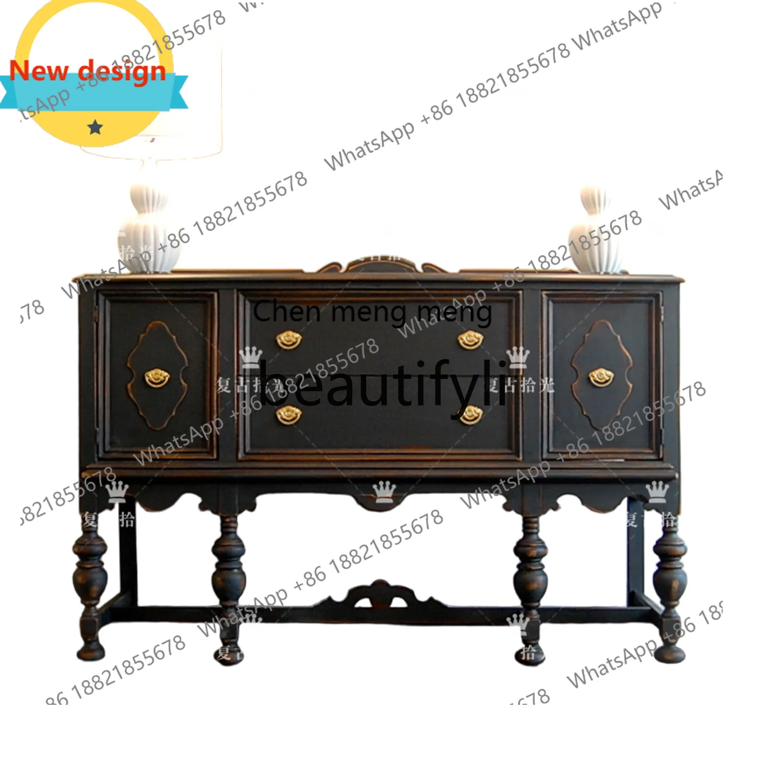 

Solid wood carving flower porch cabinet American retro decorative cabinet entrance foyer locker