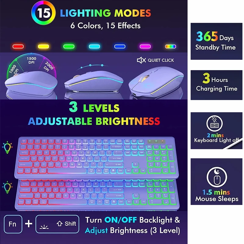 2.4G Wireless Backlit Keyboard Mouse Set Rechargeable Cool RGB Back Light Ergonomic Tilt Angle Key Board for Computer PC Laptop