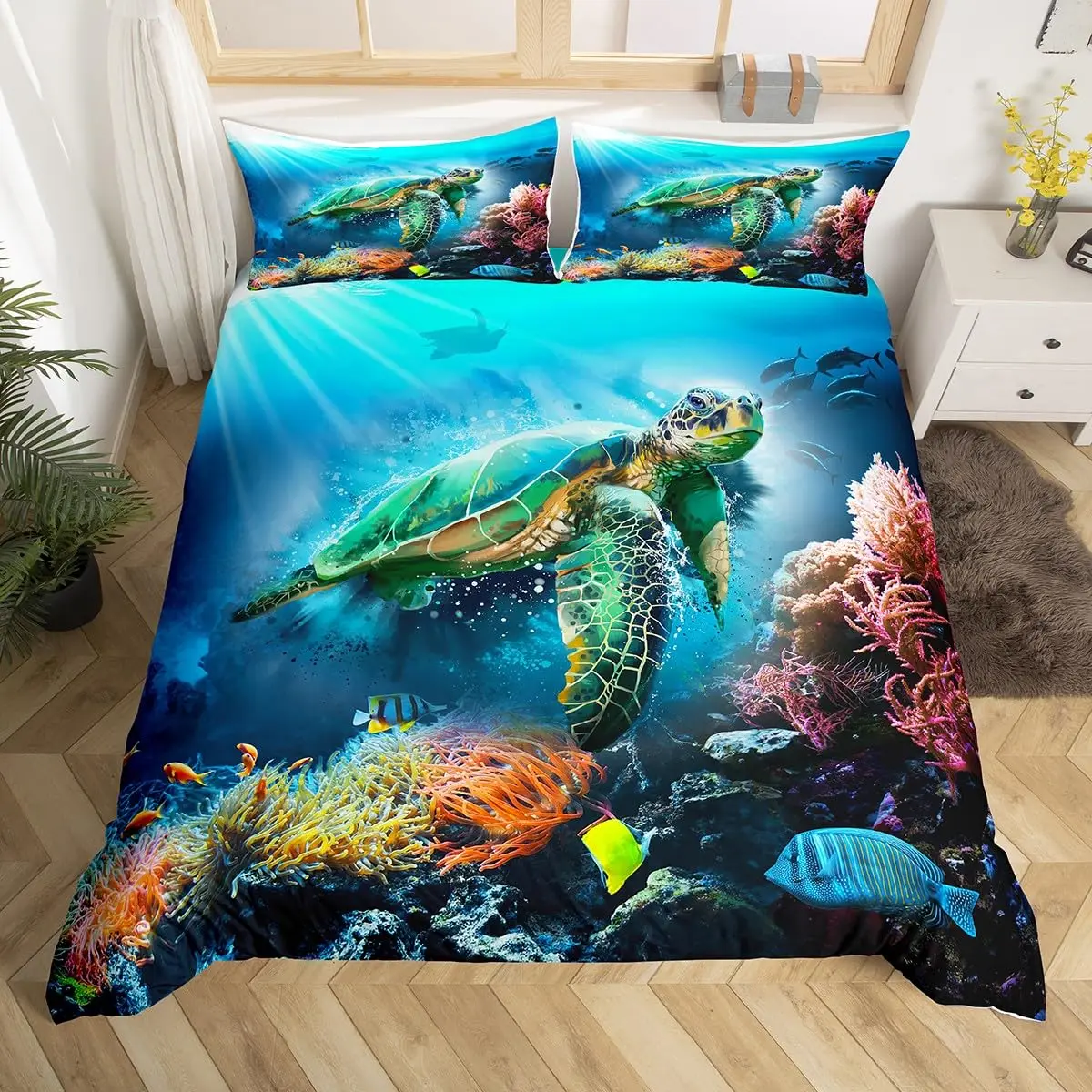 

Sea Turtle Duvet Cover Full Size,Ocean Bedding Set for Kids Teens,Beach Comforter Cover,1 2 Pillowcases 3 Piece for Teens Boys