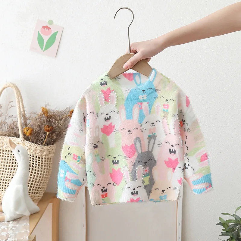 New Autumn Winter Children's Clothing Graffiti Cartoon Rabbits Pullover for Kids Girl Warm Thicken Fleece Sweaters Bunny IY08122