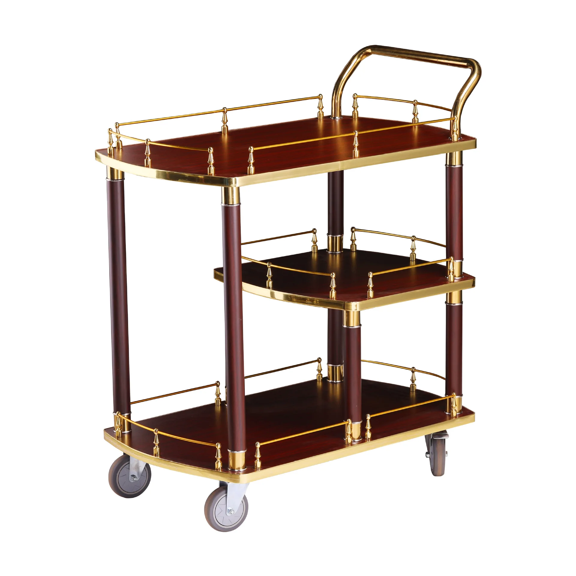

Factory custom wine cart Hotel restaurant cart Three-layer wooden pillar Multi-purpose service cart Metal hand push food