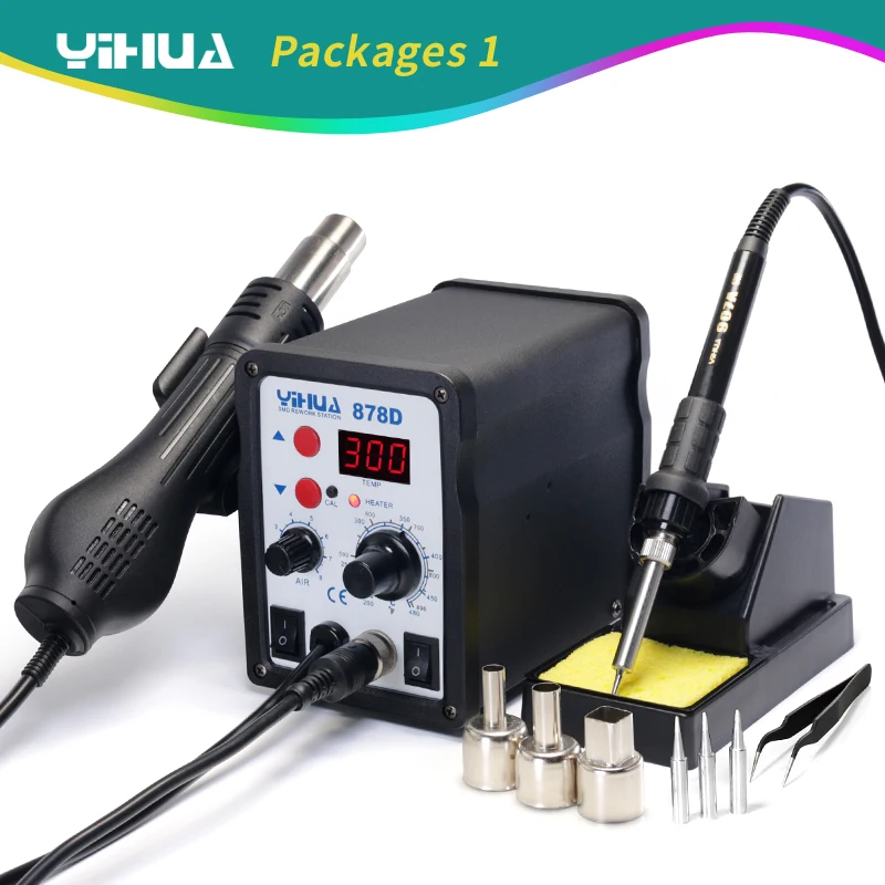 

220V 110V Optional YIHUA 878D Hot Air Gun Soldering Station With 907A Soldering Iron Station