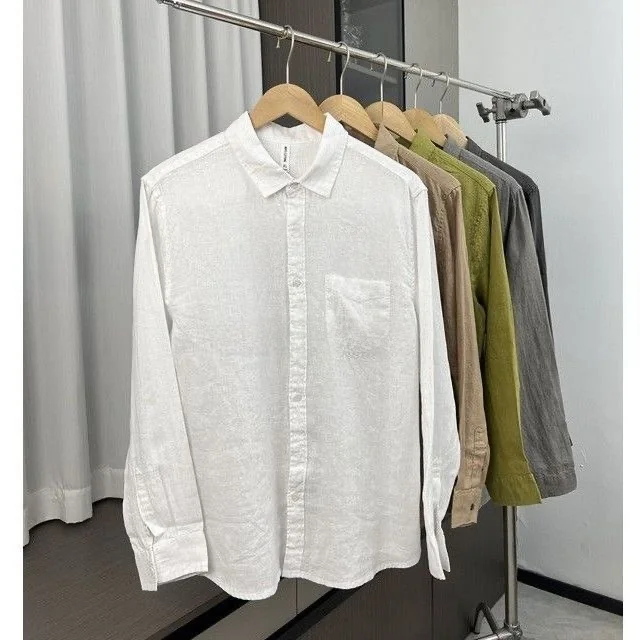 

High Value Linen Fabric Men's Spring Summer Moisture ng Breathable Casual Collar Pure Color Long Sve irt