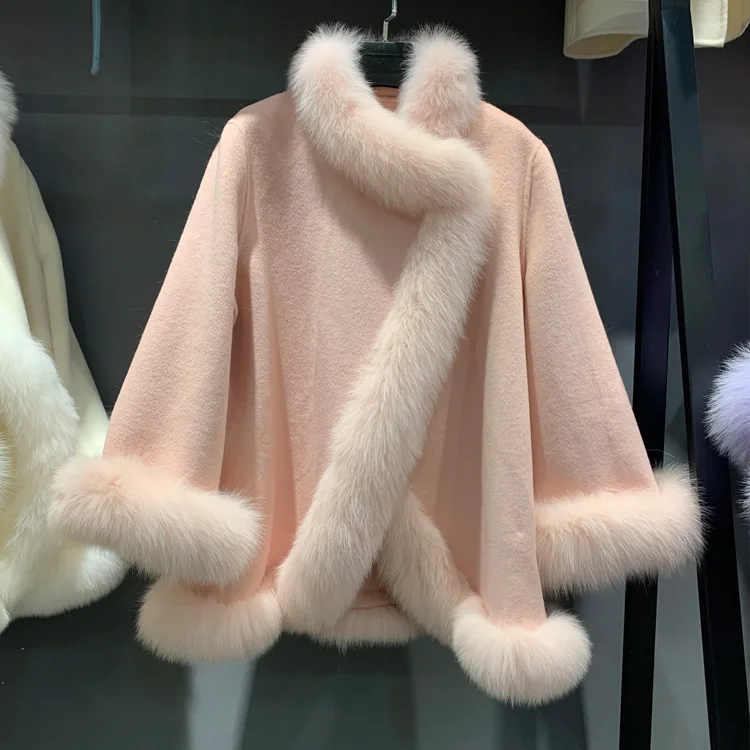 2023ใหม่ Double-Faced Woolen หมวก Fox Fur Collar เสื้อโค้ทขนสัตว์ผู้หญิง Socialite Elegant Cashmere Coat ผ้าคลุมไหล่เสื้อคลุมแจ็คเก็ตฤดูหนาว