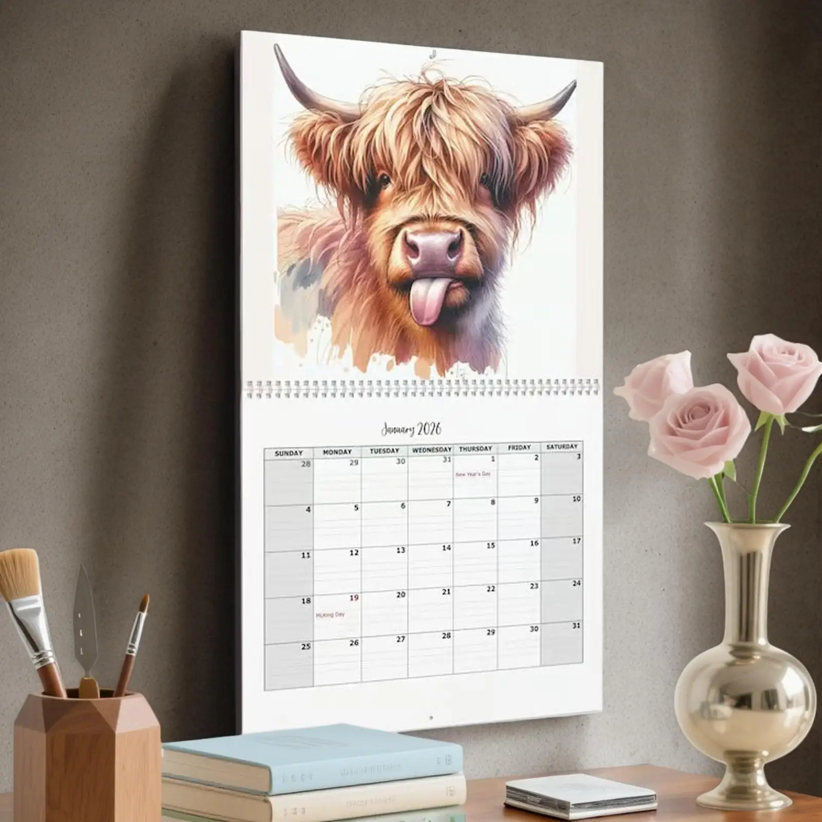 

2026 Calendar Funny Highland Cow Wall Calendar Thick Paper 12 Monthly Planner Farmhouse Decor for Student Teacher Planning