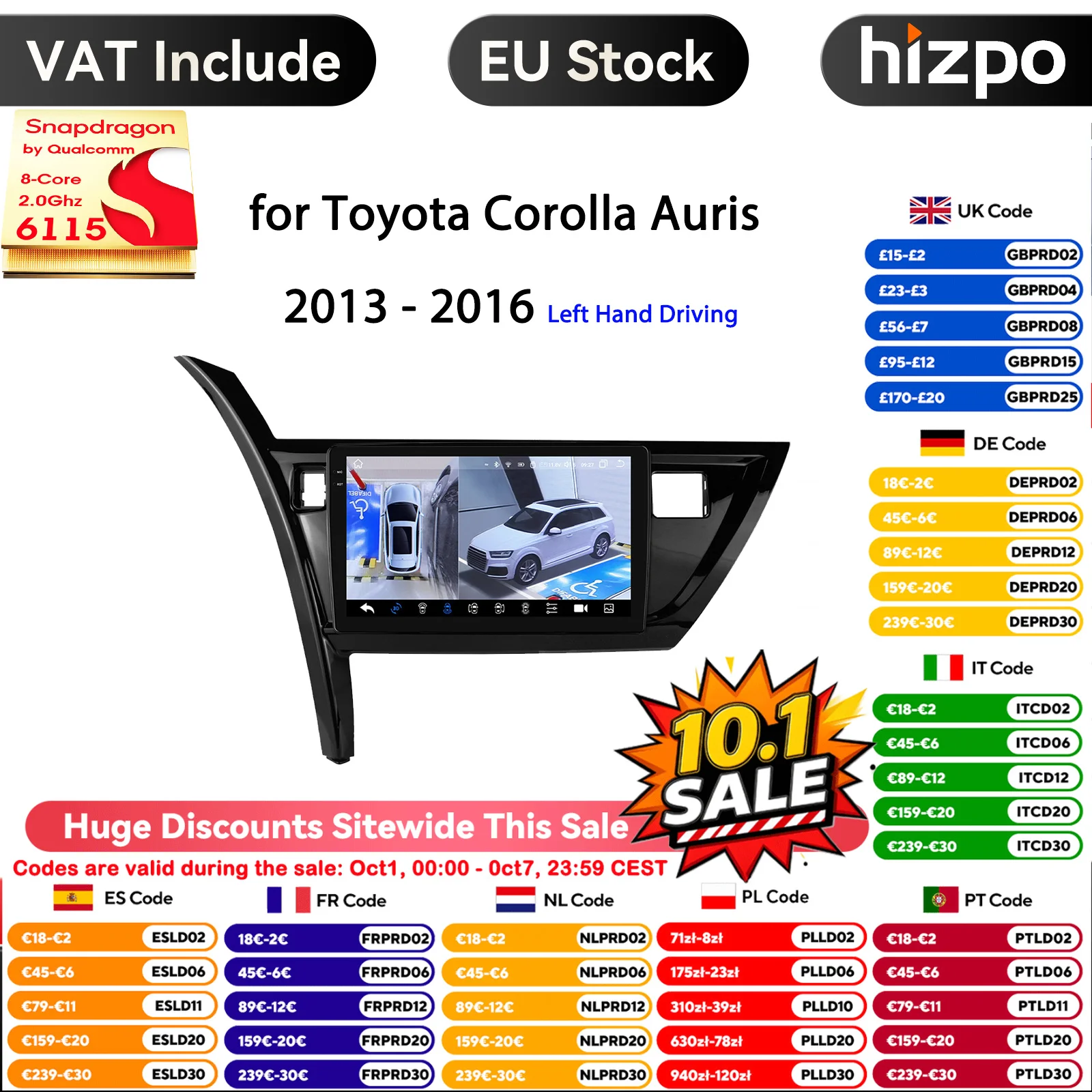 Hizpo 10.1 pollici 6115 Schermo Intelligente Carplay 4G 2Din Android 14 Autoradio per Toyota Corolla Auris 2013-2016 Guida a Sinistra