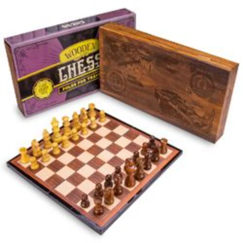 

Retro wooden chess box set handmade wooden chess pieces and folding board retro chess game set