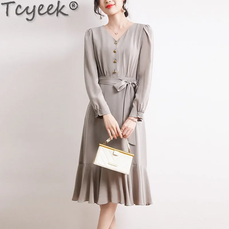 

Tcyeek 16MM 100% Mulberry Silk Dress Ladies Elegant Women's Dresses 2024 Spring Summer Clothes High-end Long Sleeve Dress Belt