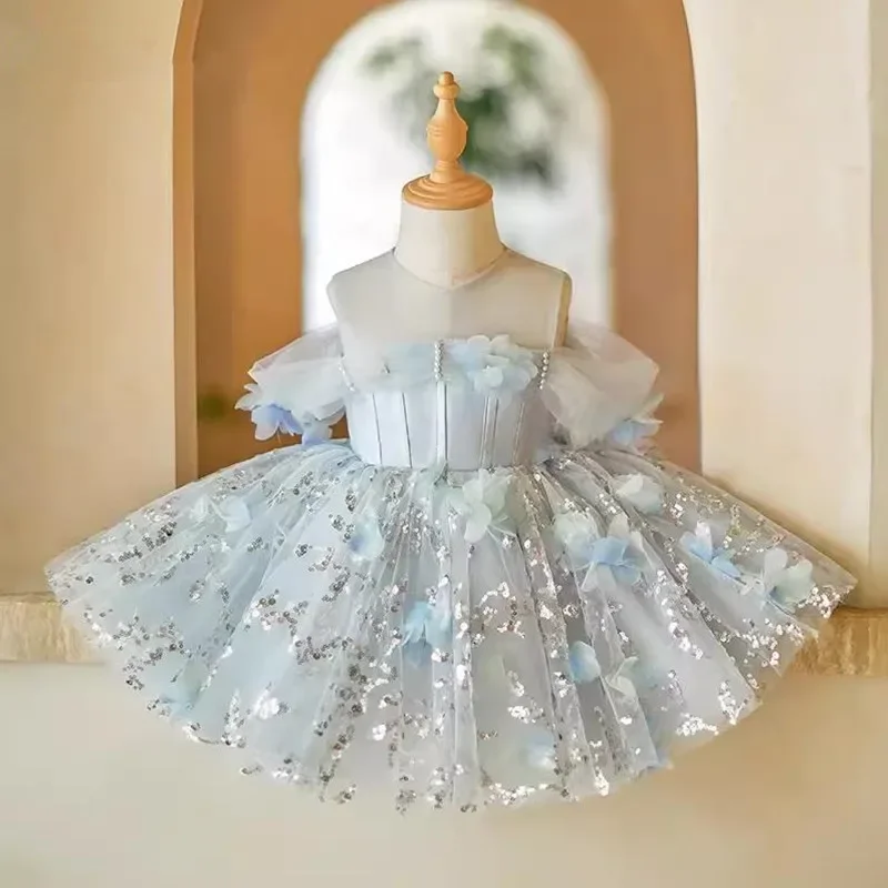Birthday Baptism Party Girls Pink Dress A4134 Vestidos New Children's Host Piano Performance Catwalk Ball Gown Wedding