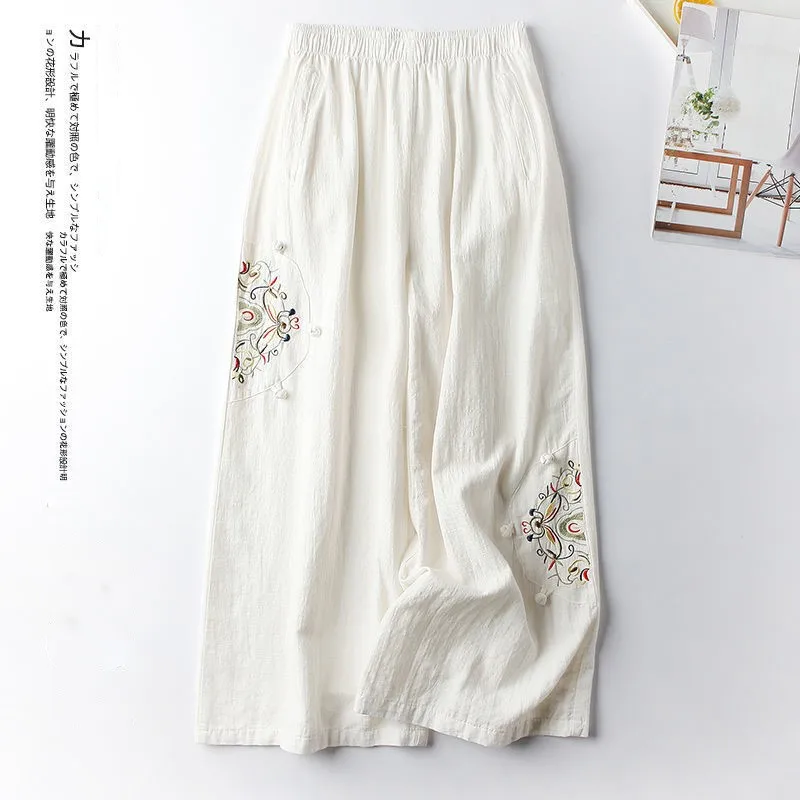 Women Casual Straight Pants Cotton Blended Female Trousers 2025 Flower Embroidery Loose Wide Leg Pants For Women Pantalon Femme