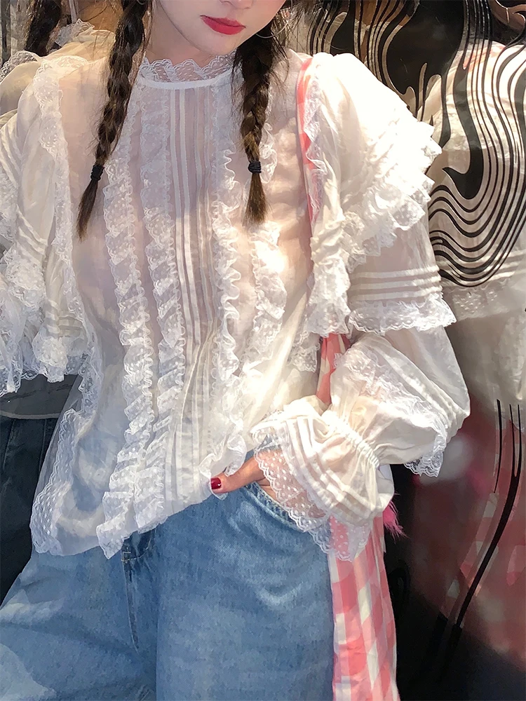 

Весна 2026: Женская блузка с кружевной отделкой, свободного кроя, с длинным рукавом, оригинальный дизайн, маленький размер