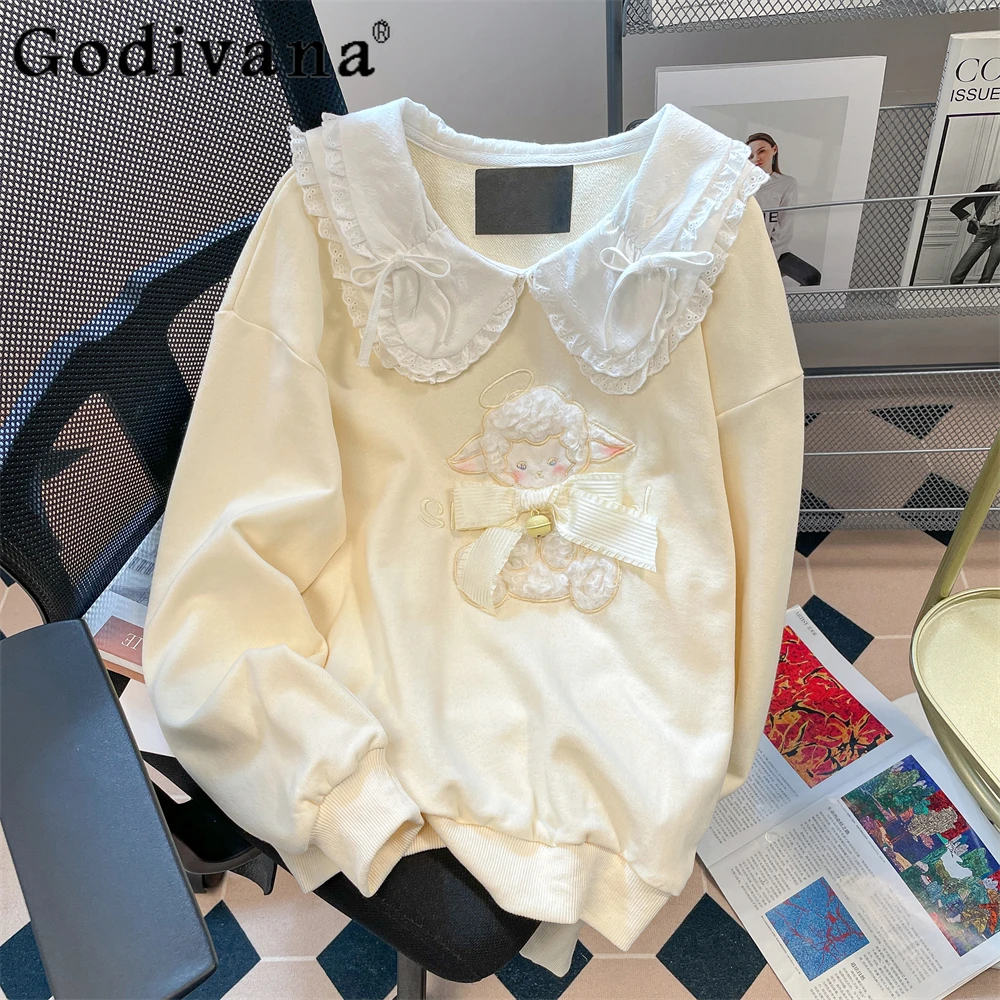 Preppy Autumn Kawaii Lolita Sweatshirts Women Cute Cartoon Sheep Embroidery Peter Pan Collar Pullovers Coat Y2k Loose Hoodies