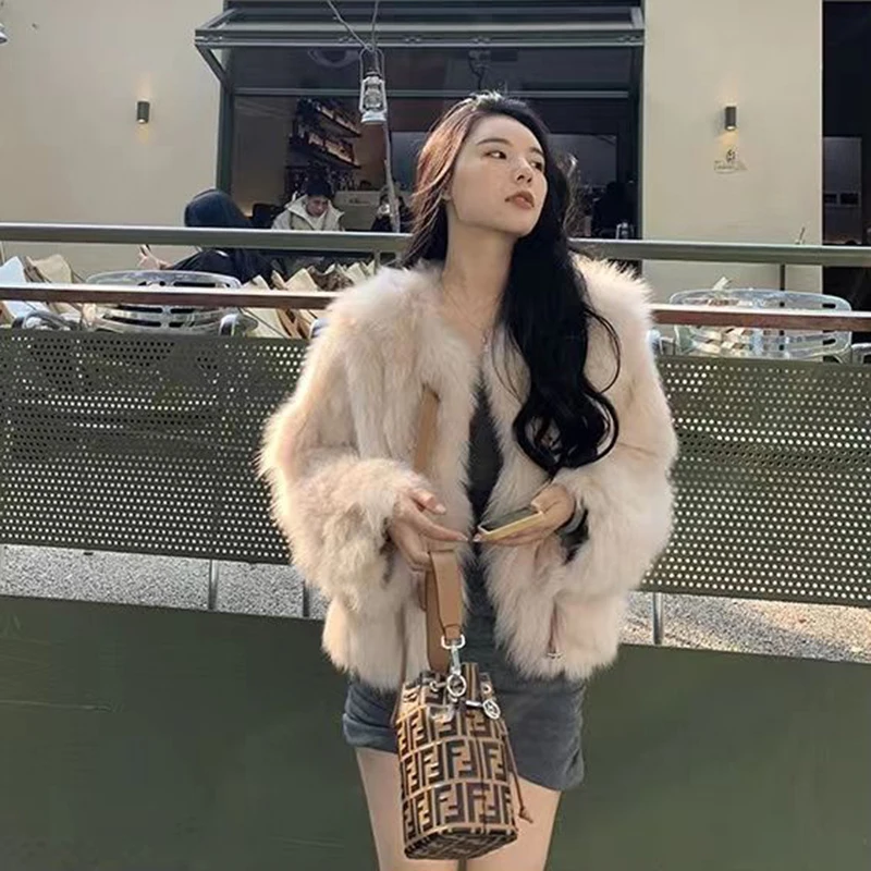 Veste coréenne élégante en fausse fourrure pour femme, manteau épais et chaud, manches longues, décontracté, col rond, bureau, vêtements d'extérieur courts, automne hiver