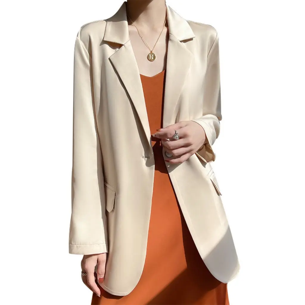 

Women's Silk Satin Suit Jacket Summer New Style Draping All-match Long-Sleeved Solid Color Sunscreen Casual Formal Wear